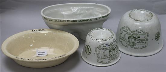 The British Lion Blanc-Mange and Jelly Mould, one other and The Paragon ditto and a potted meat paste dish (4) length 24.5cm